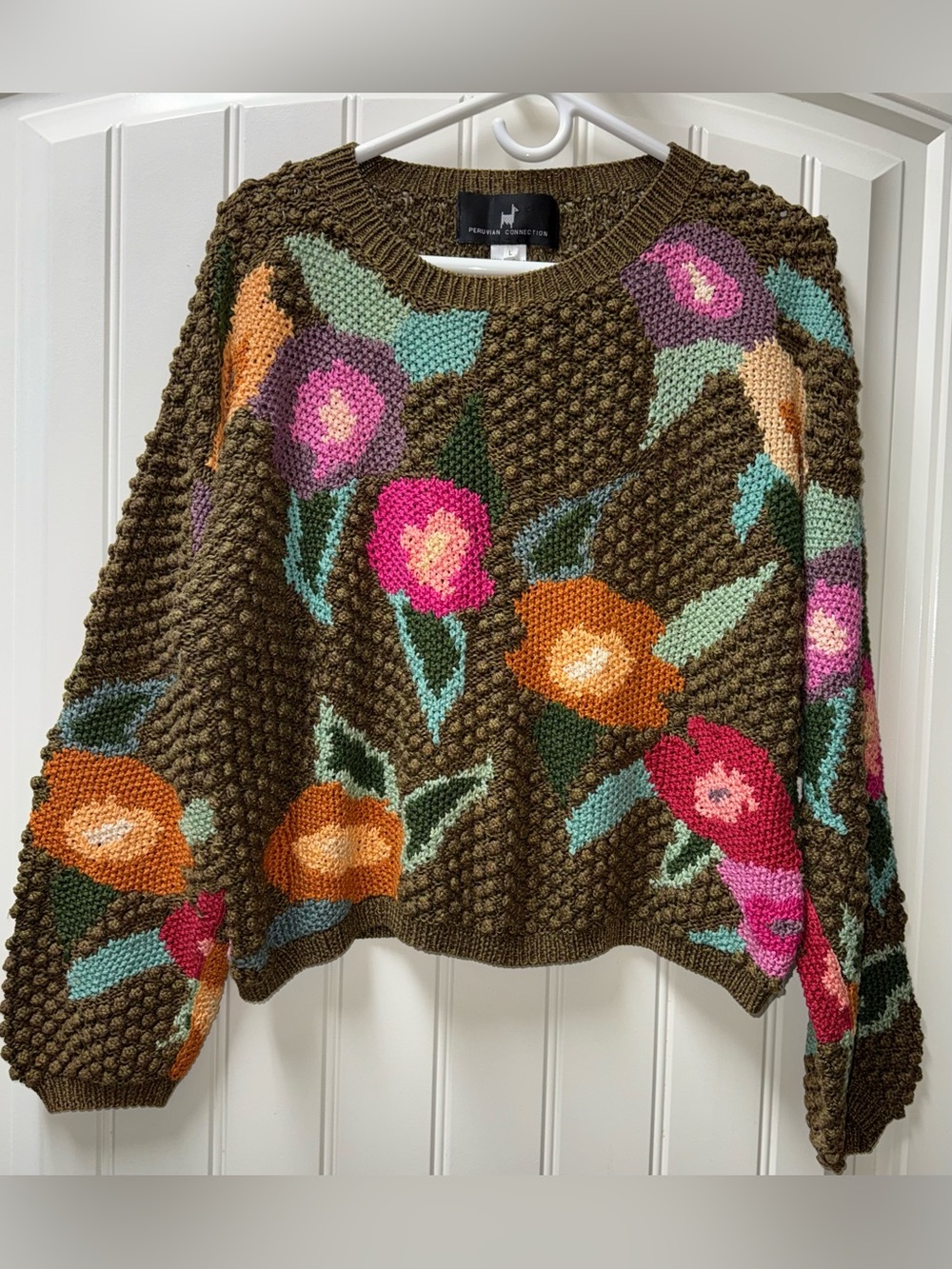 LN WOMEN Sz LARGE (bust 48”) PERUVIAN CONNECTION INTARSIA PIMA COTTON SWEATER